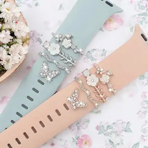 Flower & Butterfly Watch Band Jewelry - 4 Piece Charm Set- Feminine Accessories for Smart Watches - Wearable - Rose Gold