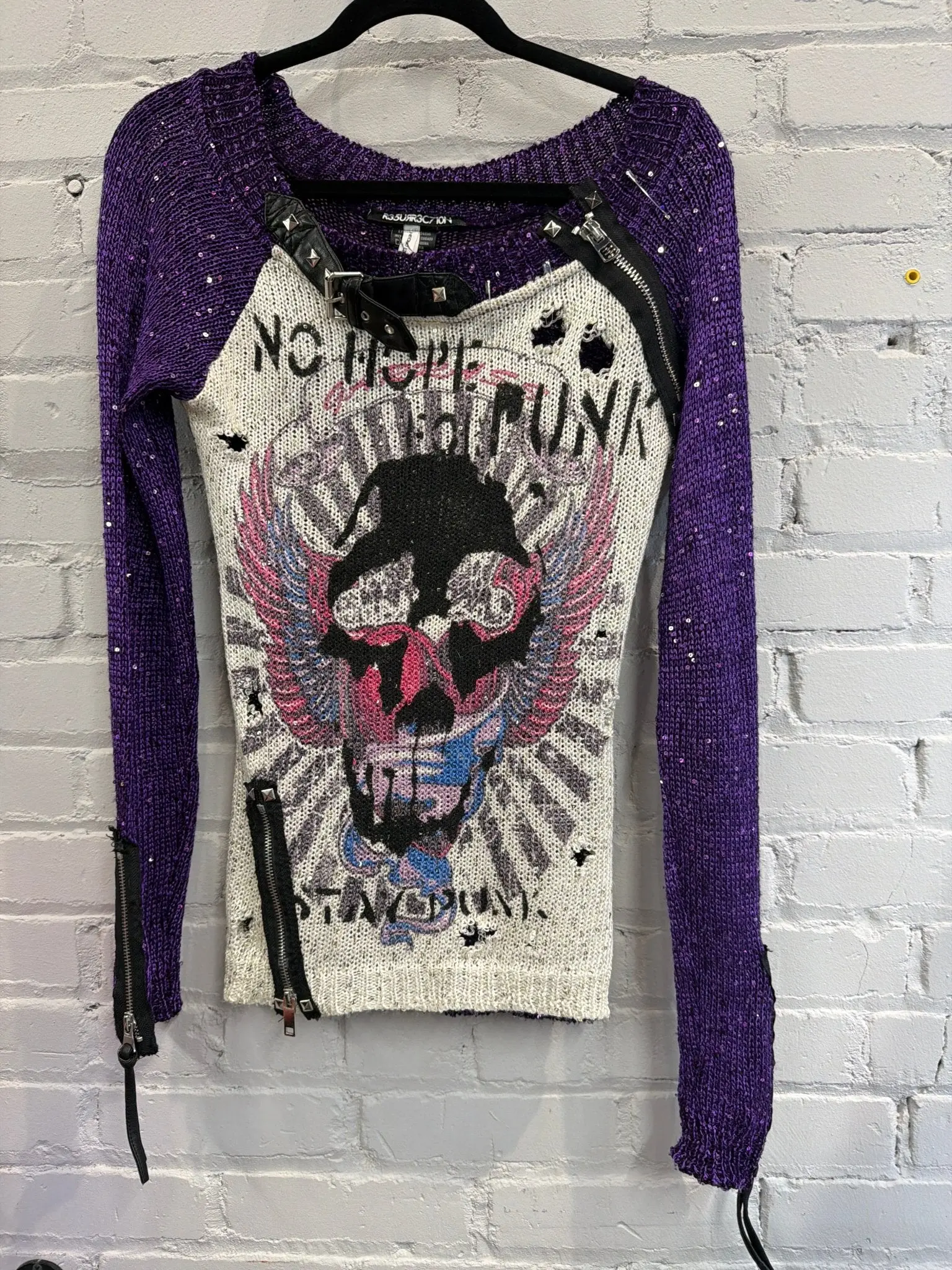 No Hope Purple Sweater Sequin Skull Punk Top