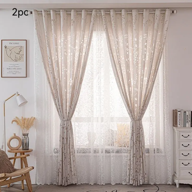 2-piece set of light luxury, modern, pastoral style sheer curtains, Home Decorative Curtain, cream-colored curtains, lace curtains, floral curtains, light-transmitting curtains, vintage style curtains, Window Curtain