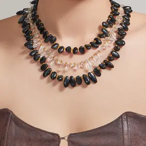 Elegant and Mysterious Handmade Beaded Natural Stone Necklace for Women, Stainless Steel Lapis Lazuli and Amazonite Niche Collarbone Chain Jewelry