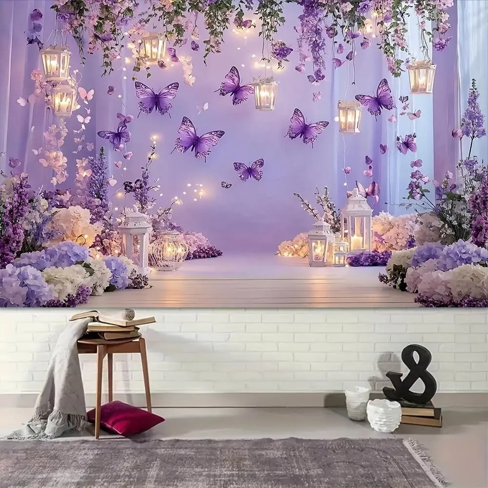 1PC Polyester Reusable Purple 2D Flat Butterfly Flower Wall Decor Banner - Happy Birthday Home & Festive Party Decoration, Wedding Photo Backdrop, Light Floral Tapestry Curtain