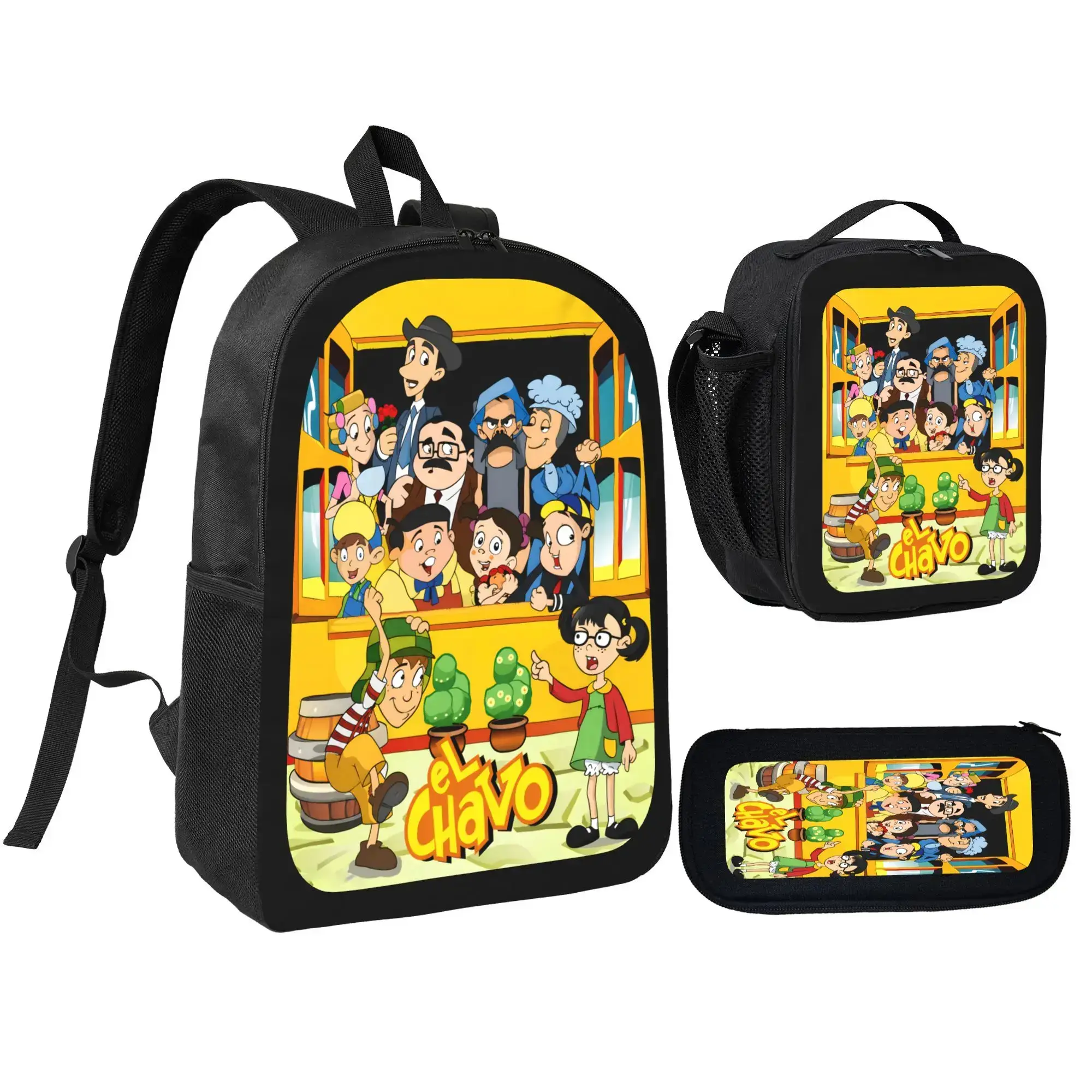 Fashion El Chavo Backpack Large Capacity Commuter Bag Cartoon Casual Backpack Set 3 pc Backpack Lunch Bag Pencil Case Laptop Daypack Travel School Bag Unisex Durable Back To School Gift Summer Backpack Set-2D