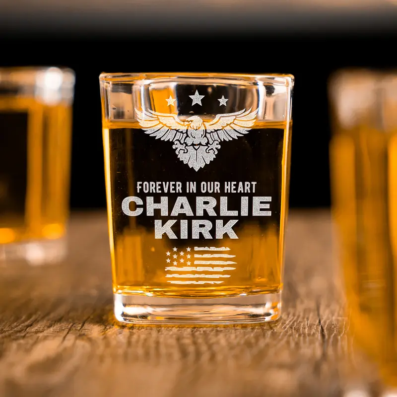Charlie Kirk Memorial Shot Glass – Forever in Our Heart – Patriotic Whiskey Shot Glass, MAGA Gift for Men, Conservative Drinkware