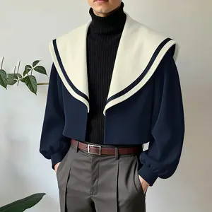 INCERUN Men's Casual Menswear Striped Cropped Blazer - Soft, Sailor Collar, Puff Sleeves, JK Uniform Style, Cute Anime Cosplay Costumes, Clothes