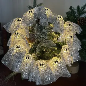 Halloween Ghost Glitter Wreath, Warm Glow Ghost Wreath, Indoor Outdoor Horror Wreath, Front Door Wall Party, Aa Battery Box Included