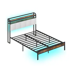 COSTWAY - Twin/Full/Queen/King Size Bed Frame with LED Light and Charging Station-Queen Size