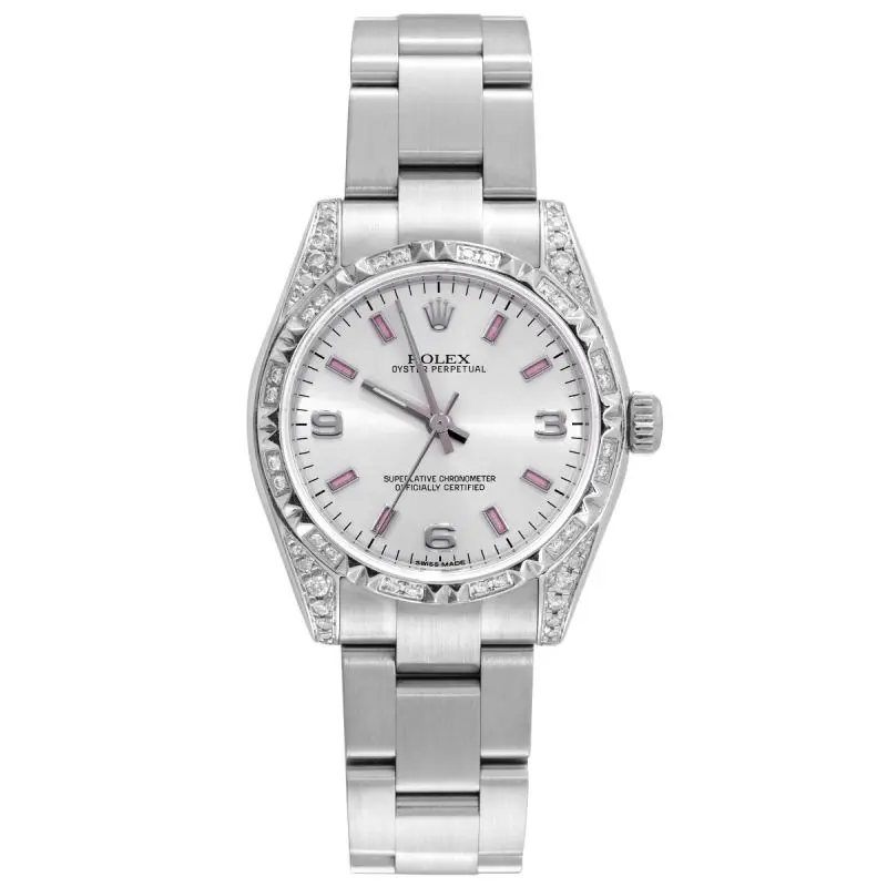 Rolex Oyster Perpetual 31 177200 Steel Custom Diamond Bezel Silver Pink Dial WHT031695