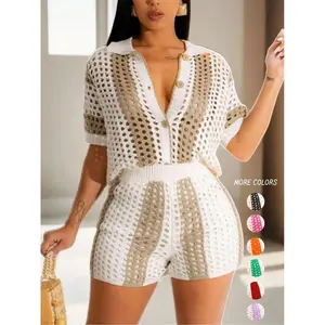 Women's Hollow Out Button Front Top High Waist Shorts Set Summer Clothes Casual Colorblock Striped Print Short Sleeve Collared Top Shorts Summer Outfits Lounge Set