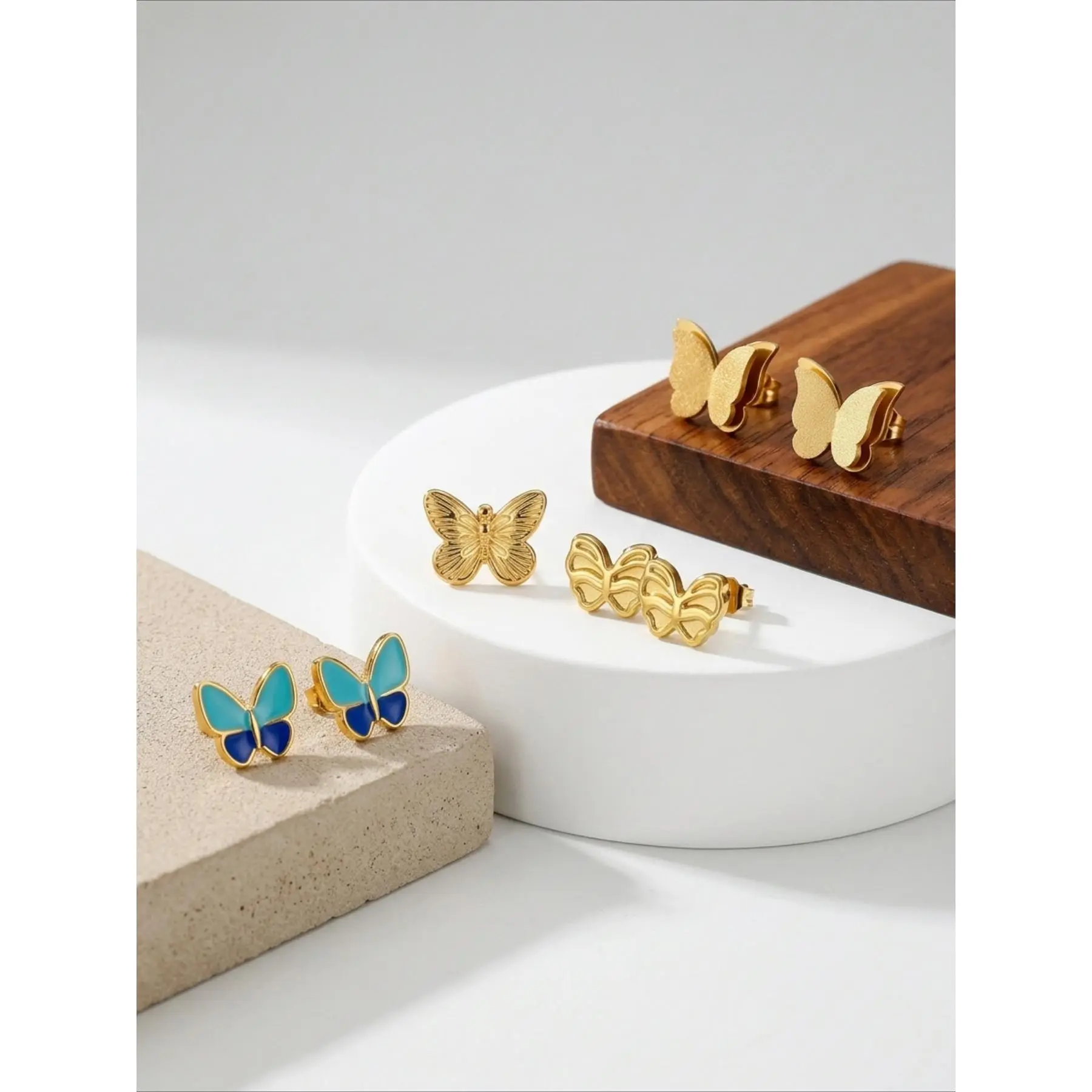 Unisex 4-Pair Colorful Butterfly Stud Earrings Set, Mix-and-Match Stainless Steel Casual Fashion Jewelry with Geometric Colored Pieces for Daily Wear, Stainless Steel Jewelry