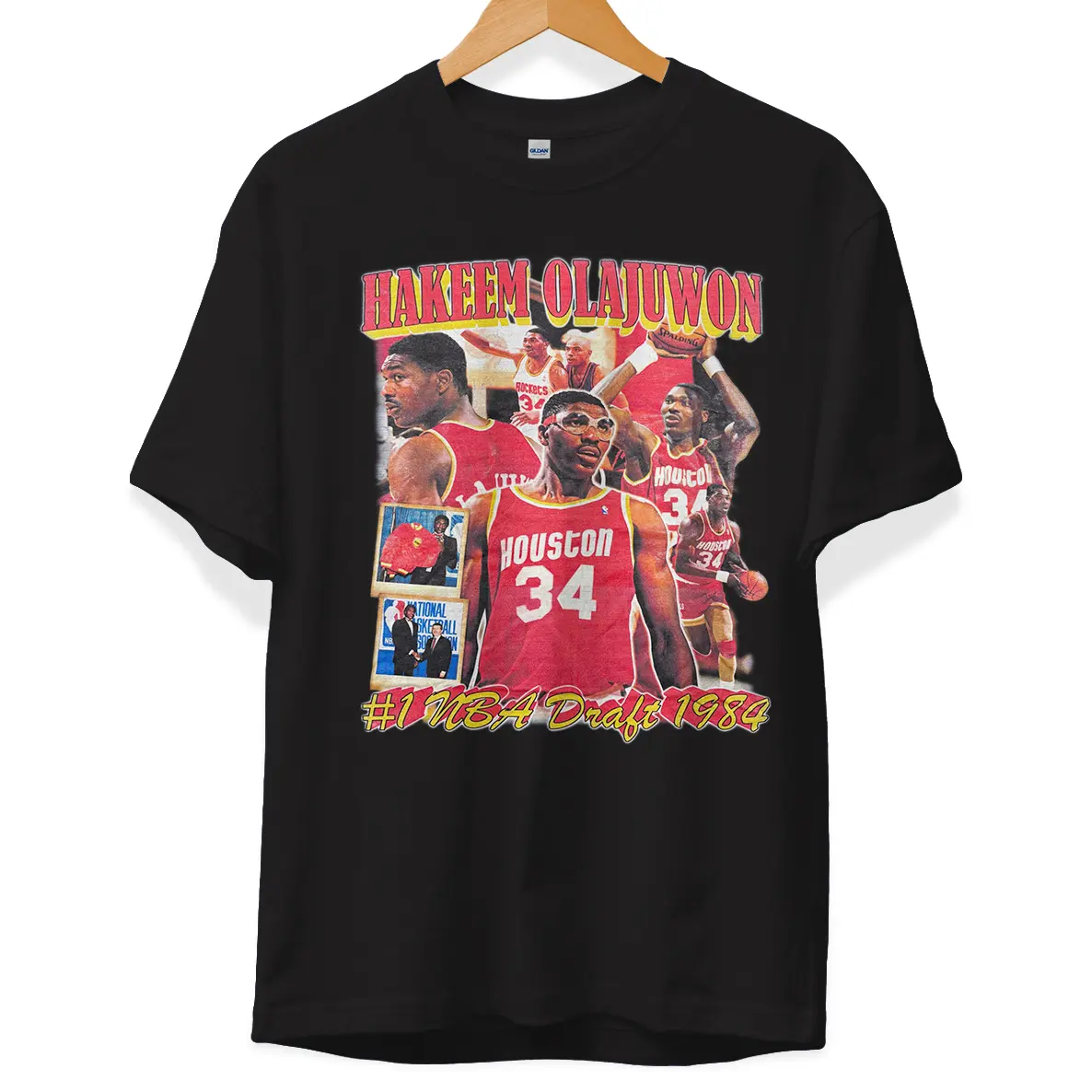 Gildan Men's Large Black 1984 Draft Rap Tee - Hakeem Olajuwon #34 Basketball Sport Menswear, Relaxed Fit, Personalized, Ribbed T-Shirt