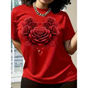 Women's Red Heart-Shaped Rose Graphic T-Shirt, Short Sleeve Crew Neck Casual Top for Spring & Summer, 180g, Romantic Floral Print Design, Perfect Holiday Gift, Casual Wear | Casual Style | Tshirt