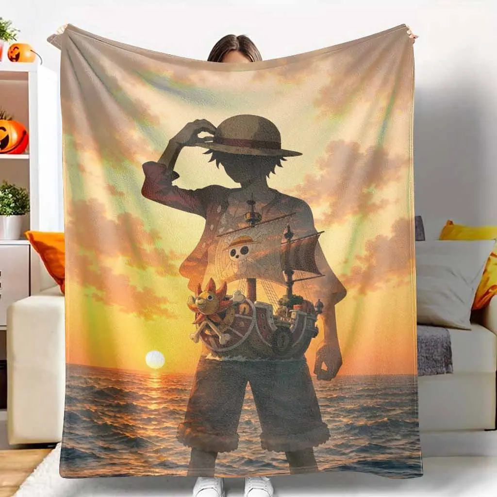 Ocean Adventure Flannel Blanket with Ship & Sunset Print - Soft, Cozy, Breathable, Lightweight, Wrinkle Resistant, Durable - Great for Bedroom, Daily Office Life, Travel - Machine Washable Home Decor Gift, Nautical-Themes