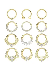 12 Pcs Golden Brilliant 316 Stainless Steel Septum Jewelry Set Septum Clicker Cartilage Earrings for Women Men Helix Tragus Daith Piercing Jewelry Set Body Jewelry Daith Earrings Hinged Hoop Nose Rings