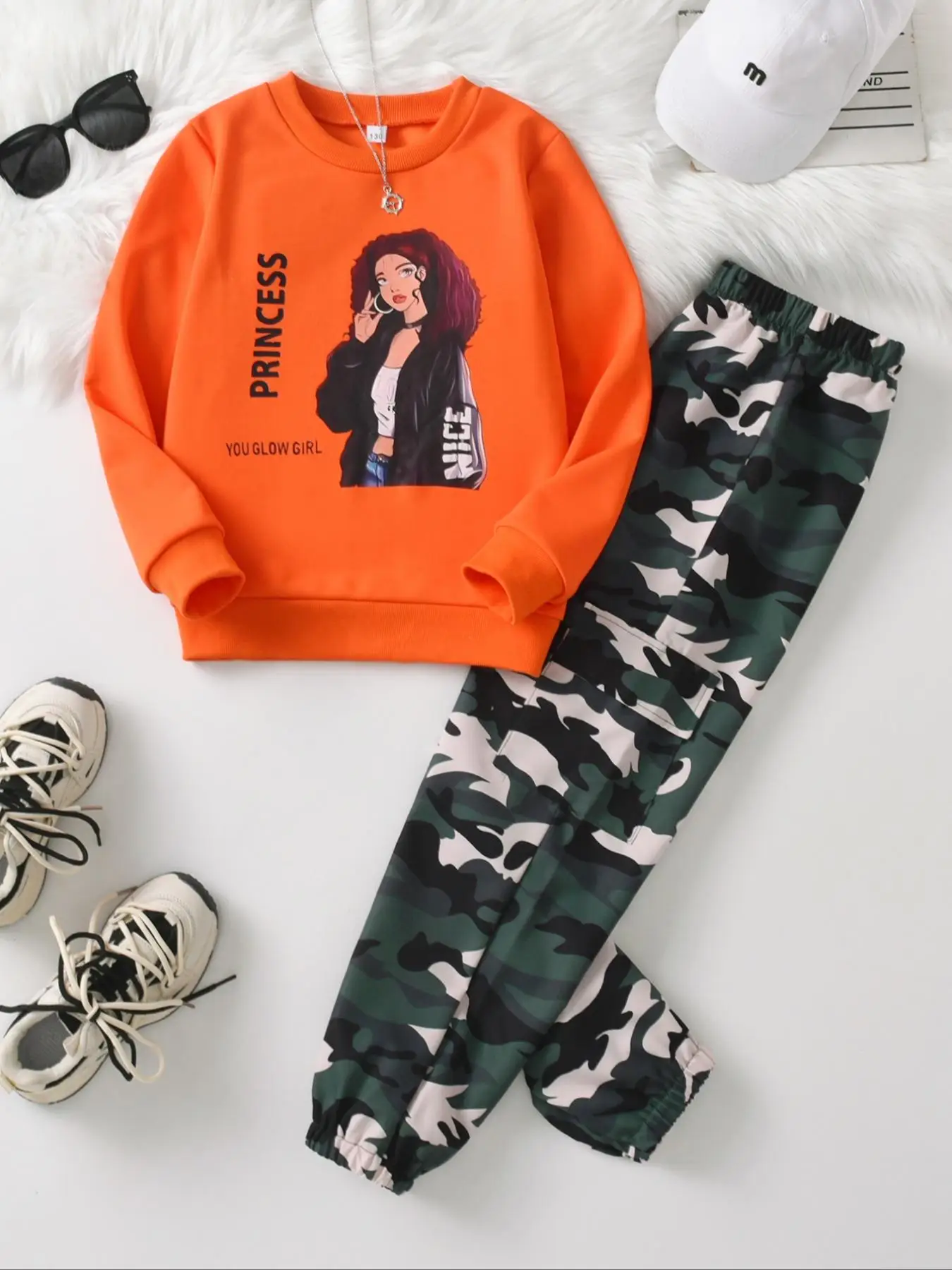 Two-piece Set Girl's Solid Cartoon & Letter Print Sweatshirt & Camo Print Pants Set, Casual Long Sleeve Round Neck Pullover & Elastic Waist Pocket Tro