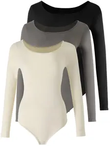 Women's Solid Round Neck Sports Bodysuit, Sporty Long Sleeve Bodysuit for Daily Outdoor Wear, Ladies Sportswear for All Seasons