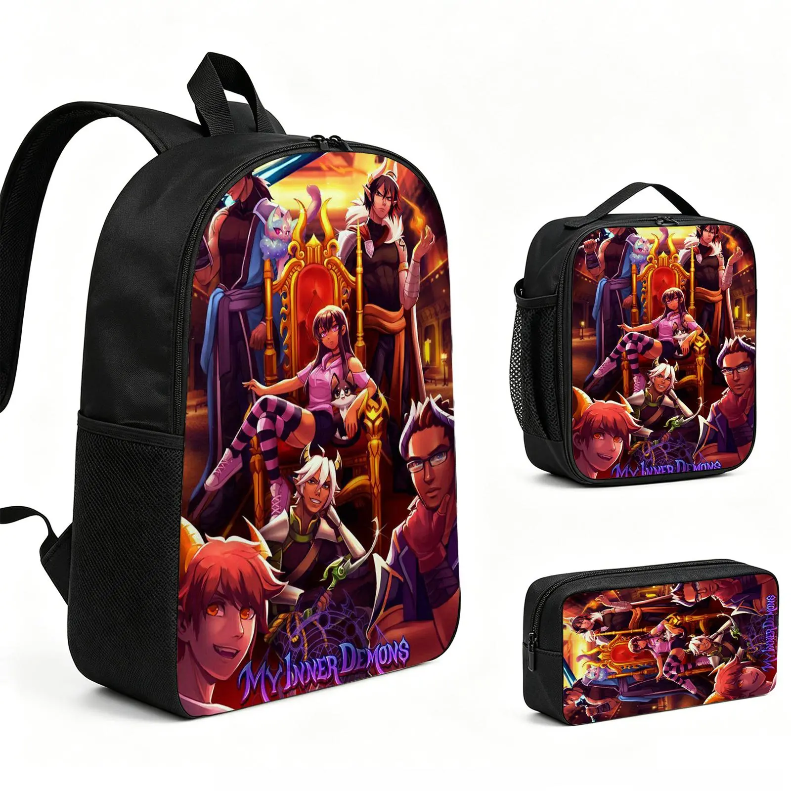 aphmau Backpack 3pcs Set with Vibrant Print, Durable School Bookbag with Insulated Lunch Tote and Pencil Bag for Teens Boys Girls, Multi-Functional Laptop Travel Daypack Gift for Kids L-183