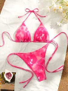 Women's Floral Halter Bow Bikini Set, Floral Print Bikini, Floral Bikini Top, Triangle Bikini Top, Sexy Two-Piece Swimsuit, Perfect for Beach Vacation and Summer Fun Activities
