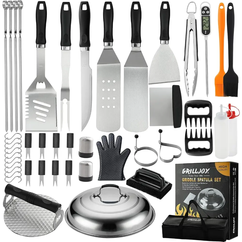 46PC Griddle Accessories Set with Robust Plastic Handle, All-in-One Griddle Tools Kit For Flat Top Grills Teppanyaki Hibachi, Stainless Steel Grill Spatula Kit For Outdoor Camping Grilling