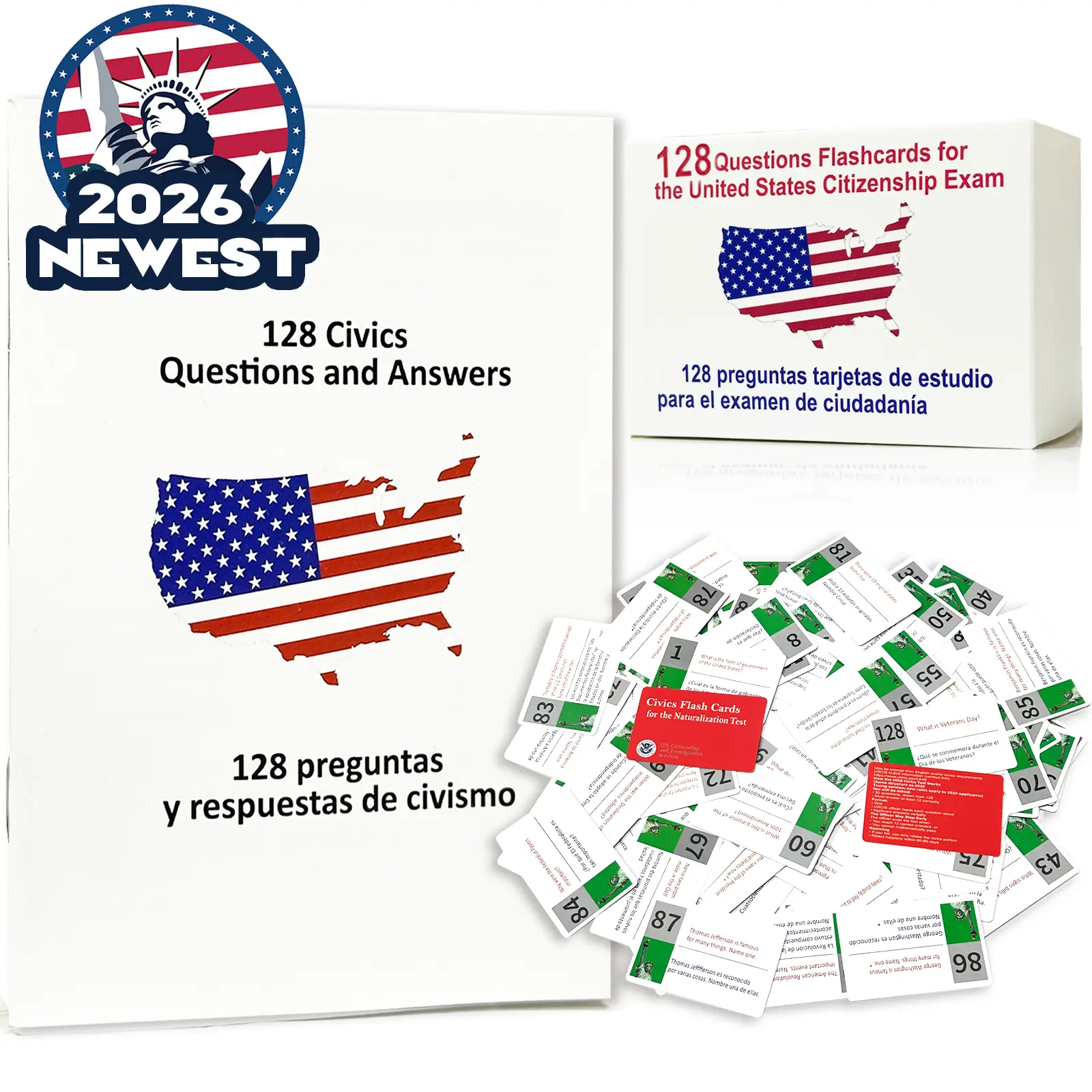 STICQUE 2026 US Citizenship Bilingual Instruction Cards, 128 USCIS Questions & Answers Study Guide (Spanish & English) for American Citizenship Preparation summerwins,summerwins