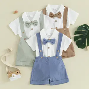 Baby Boy Clothes Suit Newborn Infant Gentleman Outfits Formal Dress Shirt Bowtie Suspender Shorts Set