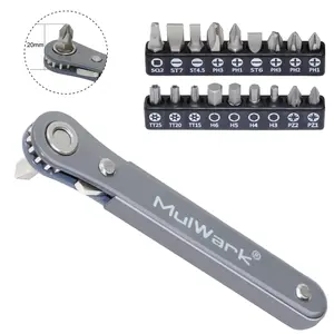 MULWARK 20pc 1/4 Ultra Low Profile Mini Ratchet Wrench Set with Right Angle 90 Degree Mini Offset Reversible Drive Handle & Multi Hex Bits for EDC Use