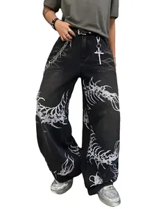 UP.THE Y2K Men's Black Loose Fit Jeans, Wide Leg Hip Hop Classic Style, Stylish Centipede Graphic Baggy Jeans