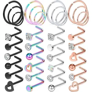 18G 20G 22G Nose Rings Studs 316L Surgical Steel  L Shape Screw Nose Rings Nose Hoop  Heart Nostril Nose Piercing  for Women Men  Rose  Black Rainbow