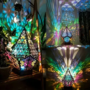 1pc Wooden Bohemian Floor Lamp with USB Charging, LED Colorful Rhinestone Lights, 3D Projection Night and Desk Function for Home Decor