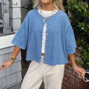 Women Fashion Cardigan Solid Color Buttons Front Elbow Sleeve Sweater Fall Casual Soft Knit Coat Knitwear Womenswear