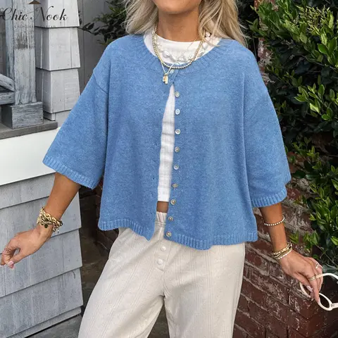 Women Fashion Cardigan Solid Color Buttons Front Elbow Sleeve Sweater Fall Casual Soft Knit Coat Knitwear Womenswear