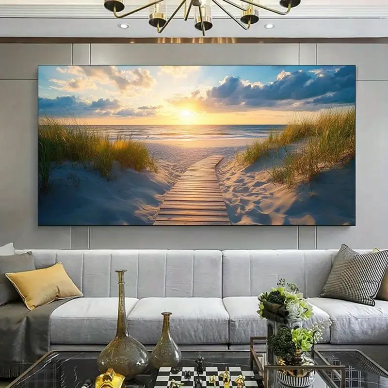 1-Piece Artistic Framed Canvas Painting, Large Beach Sunset Wall Art, Tranquil Coastal Landscape with Wooden Pier & Sandy Shore, Suitable for Living Room, Bedroom Decoration