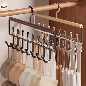 2pcs Wooden Hangers with 8 Hooks 360 °   Rotating Metal Hooks Vest Storage Rack for Underwear Clothes Space-Saving Home Clothing Store Organizer