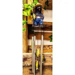 Rustic Western Fishing Hillbilly Black Bear With Rod & Bass Figurine Wind Chime
