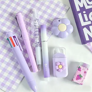 Cute School Stationery Gift Set 7 Pcs Kawaii Accessories Bundle with Gel Pen 6-Color Pen Highlighter Correction Tape & More Ideal Back to School Present Graduation Gift Student Reward Pastel Blue Purple Design