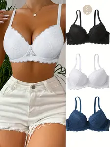 Ecomilky 3-Pack Women's Underwire Push-Up Bras – Everyday Comfort & Support, Adjustable Straps, Soft & Breathable, Perfect for All Seasons Lace Elegant Basic Black+White+Blue White