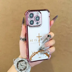 He Is Risen Cross Quote Clear Phone Case for iPhone 16 Pro Max 15 Plus 14 Pro 13 12 11 XS Max XS XR & Samsung Galaxy S25 Ultra S24 Plus S23 Shockproof Protective Cover with Christian Resurrection Message