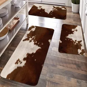JIT 2/3pcs Brown cow texture carpet kitchen carpet set, flannel bedside set floor mat anti-slip washable bedside soft carpet, suitable for kitchen, laundry room, corridor floor running mat carpet