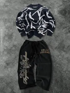 Men's Two-Piece Casual Set, Soft Comfortable Round Neck Sweater and Valley Dream Print Drawstring Wide Leg Pants, Perfect for Spring Fall and Winter Wear