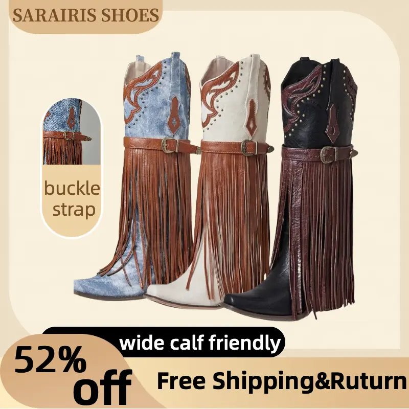 Women's Fringe Cowgirl Boots - Square Toe, Chunky Heel (Adds Stability), Pull-On Design for Quick On/Off, Ideal for Cowgirl Fashion, Western Elegance
