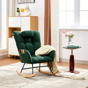 Garvee Teddy Upholstered Nursery Glider Rocker with 300lb Capacity, Wood Legs, Side Pockets, High Backrest, Soft Seat, Modern Design, Comfortable Armchair for Living Room, Bedroom, Offices in Pink or Brown