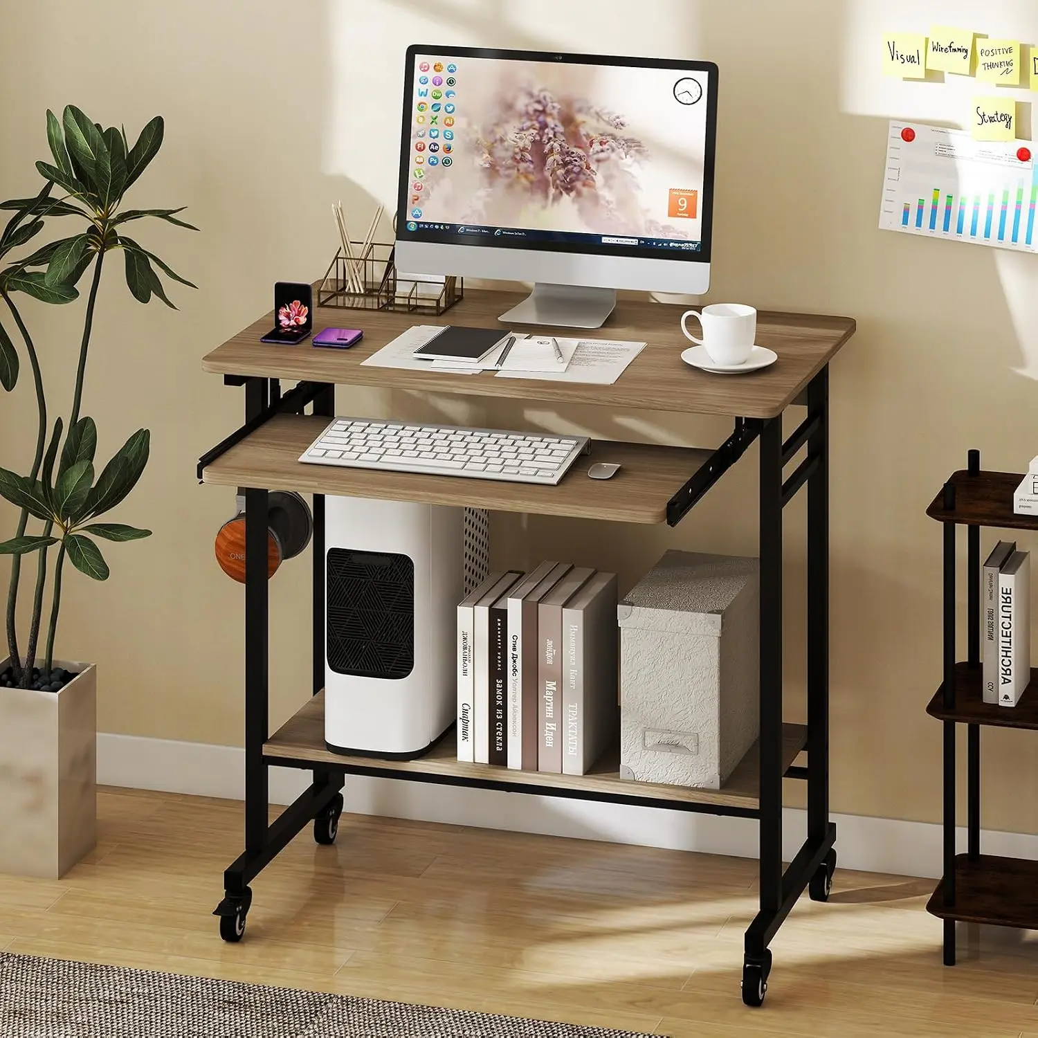 Vallmore Rolling Computer Desk Cart with Keyboard Tray, Mobile Portable Laptop Desk with CPU Stand & 3 Hooks, Compact Small Desk on Wheels for Small Spaces