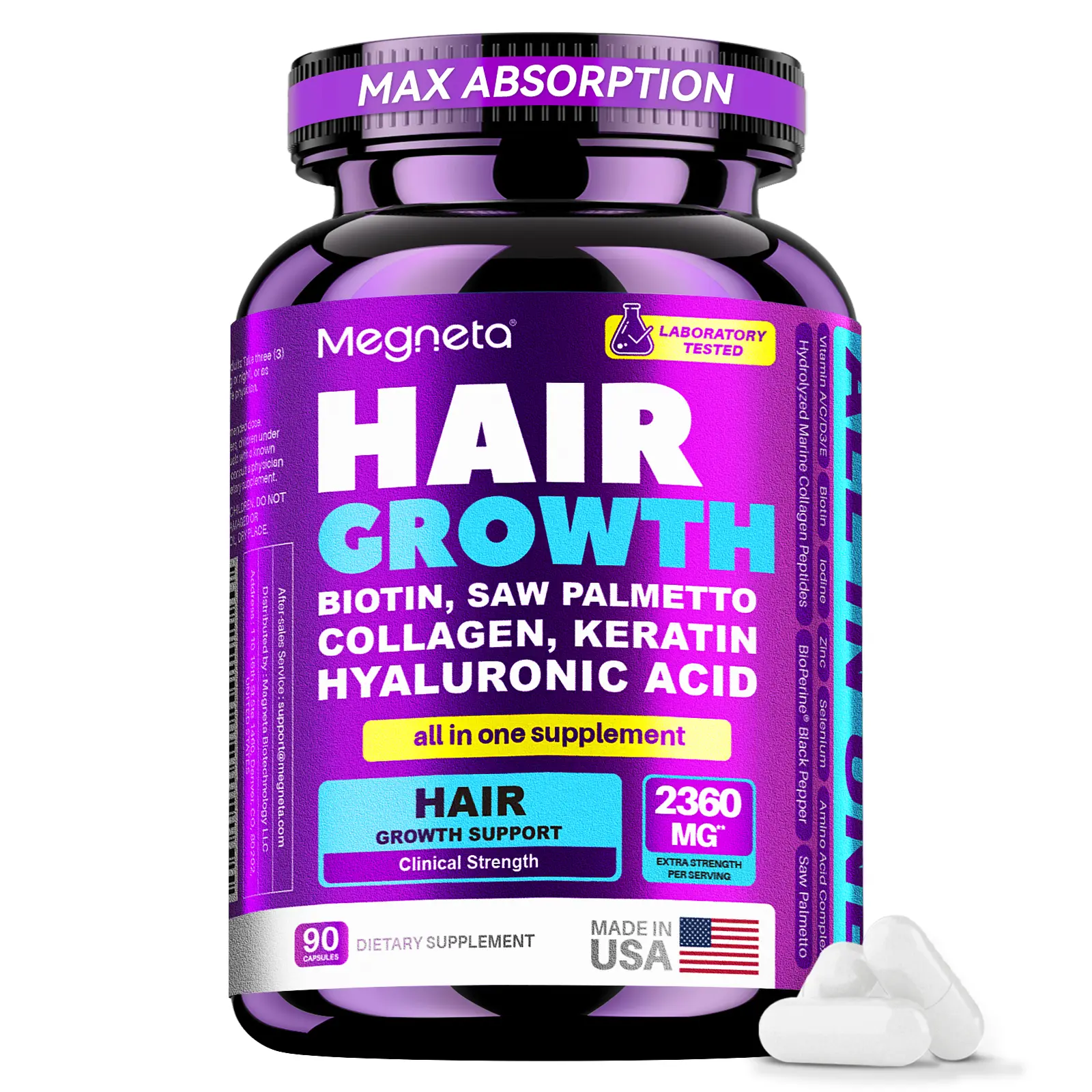 Advanced Hair Growth Complex | Biotin, Saw Palmetto, Collagen & Keratin | 2360mg Potent Formula for Stronger, Thicker Hair | 90 Capsules