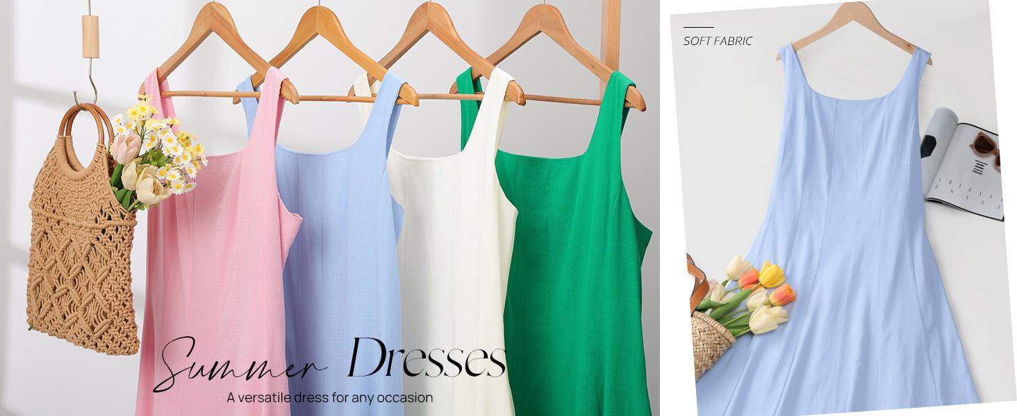 MEROKEETY Women's 2026 Summer Sleeveless Midi Dress Square Neck Smocked Flowy A Line Beach Dresses