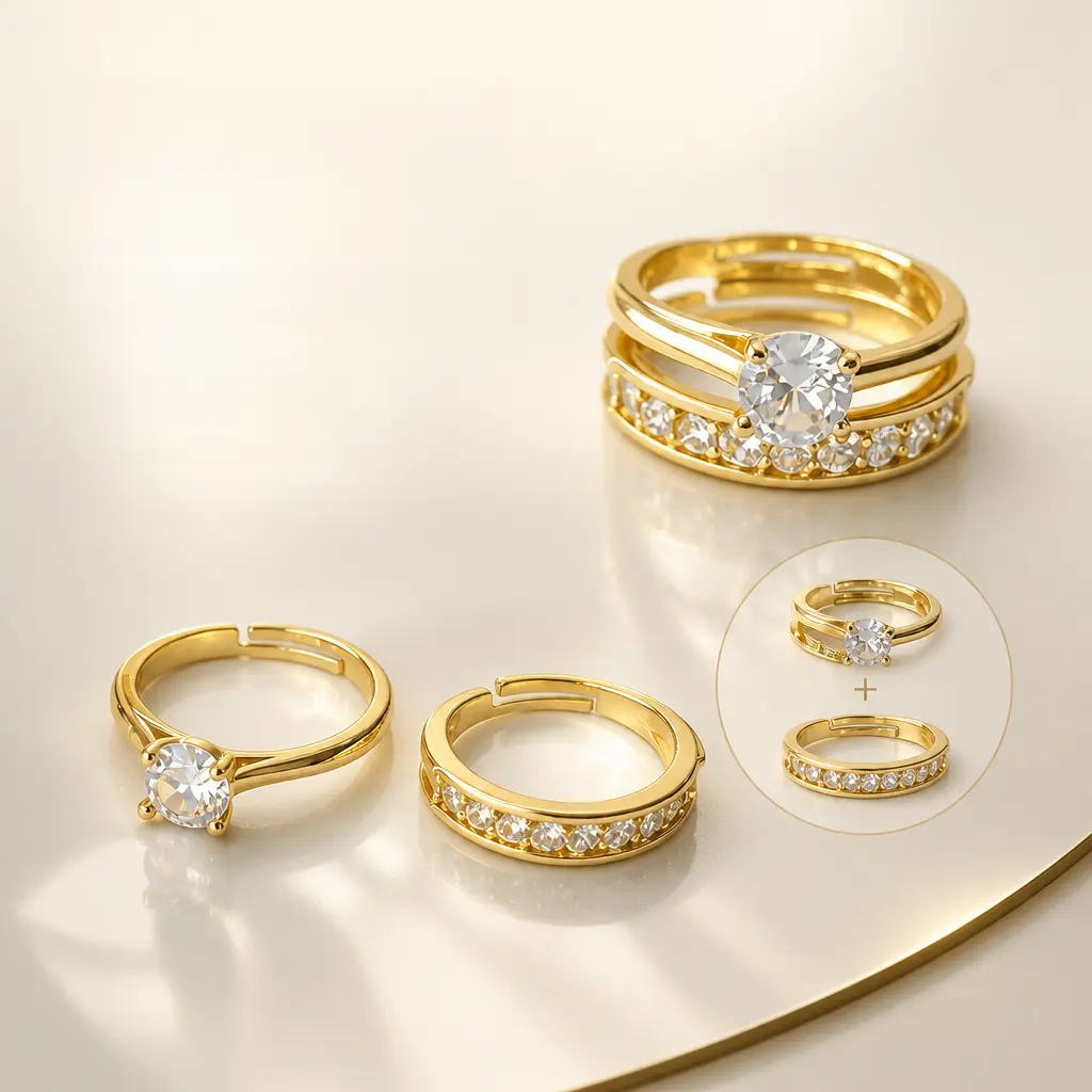 Stacking Gold Ring Set - Adjustable Open 14K Gold-Plated Brass Base, A-Grade Zirconia Detachable Layered Promise Rings for Couples, Tarnish-Resistant Comfort Fit for Engagement, Daily Wear