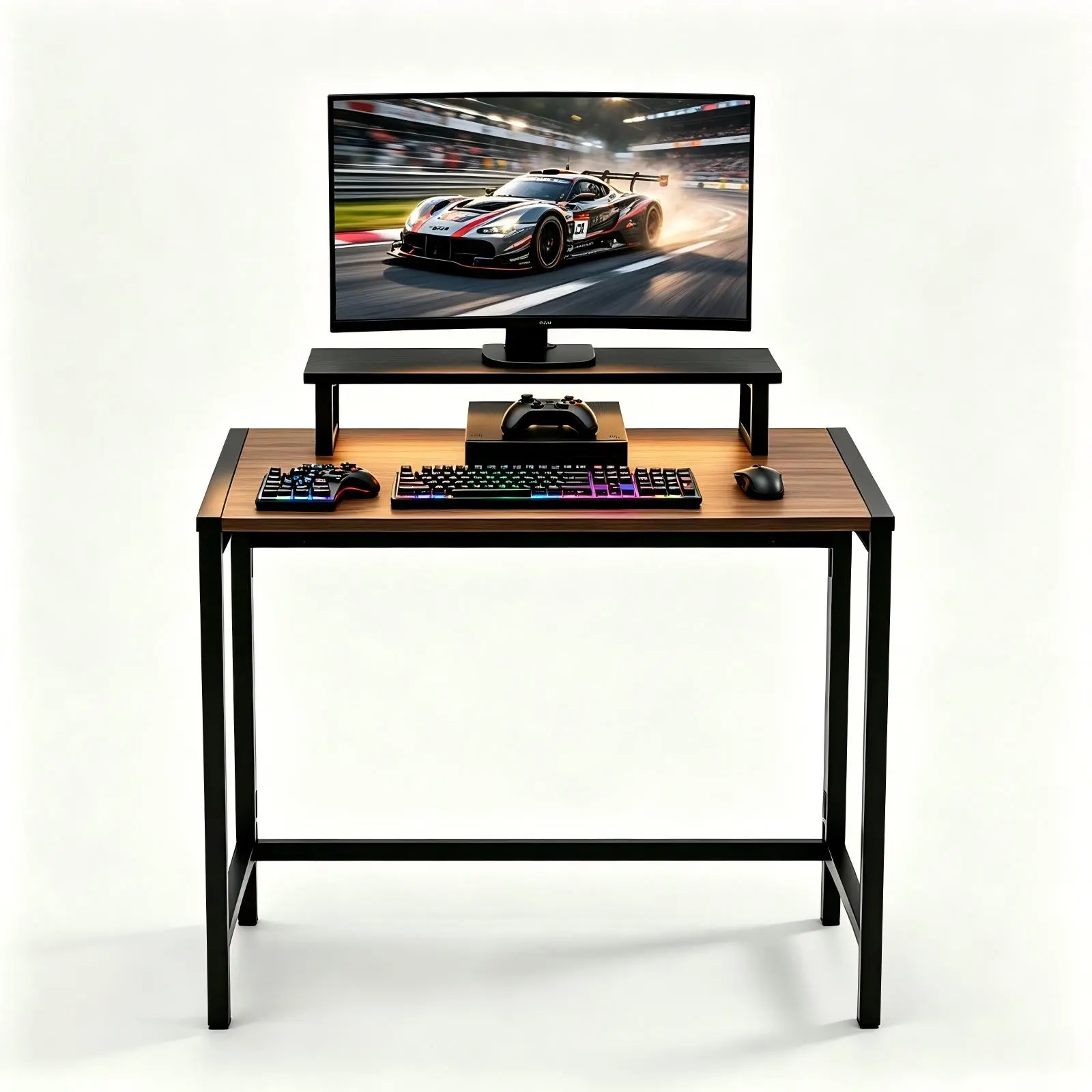 31.5-Inch All Black Folding Gaming Desk - with Monitor Shelf, RGB LED Light Strip, Compact PC Computer Table for Bedroom, Home Office