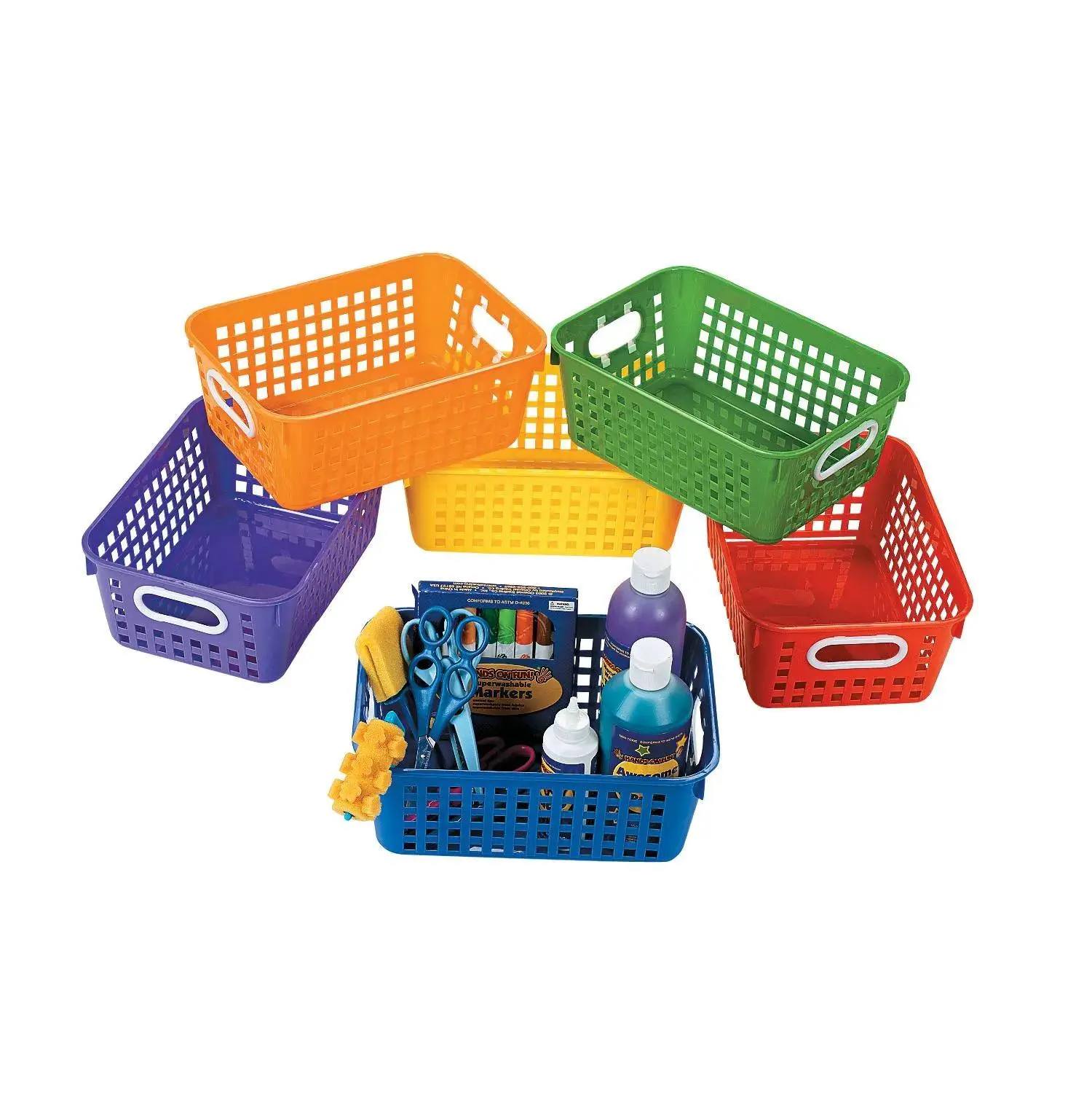 6-Pc Colorful Multicolor Tall Plastic Classroom Storage Baskets with Handles, 11in x 4.5in Bulk Storage Organiser Containers for Office School Supplies