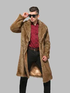 Men's Faux Fur Long Coat, Pure Color Long Sleeve Lapel, Casual Fashionable Warm Artificial Fox Fur Jacket, Fall Winter Daily Wear