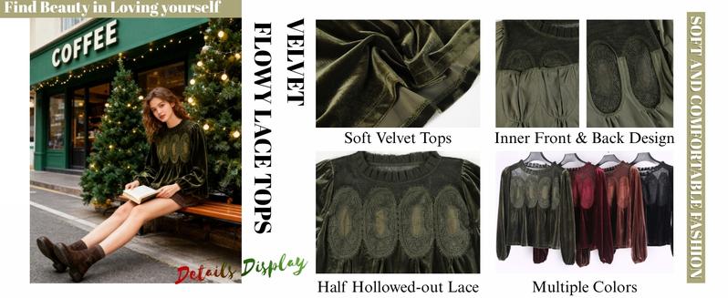Yeokou Women's Long Sleeve Velvet Trim Lace Blouse Elegant Flared Swing Top Round Neck Casual Wear for Parties Weddings Dinners Office Dates Yeokou Women's Long Sleeve Velvet Trim Lace Blouse Elegant Flared Swing Top Round Neck Casual Wear for Parties Weddings Dinners Office Dates