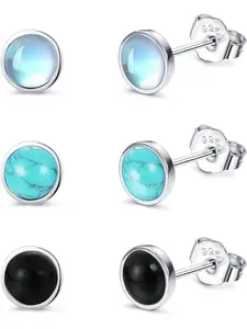 925 Sterling Silver Stud Earrings for Womens Moonstone Earrings Turquoise Black Earrings Round Gemstone Stud Gift Christmas Valentine’s Day