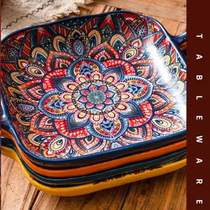 Bohemian Style Ceramic Plates with Handles, Vibrant Floral and Geometric Patterns, Oven and Microwave Safe, Multicolor Dinnerware Set